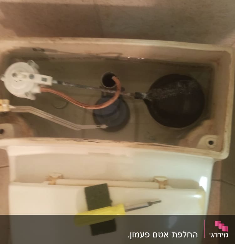 מיכל הדחה פתוח עם חלקים פנימיים וכלי עבודה